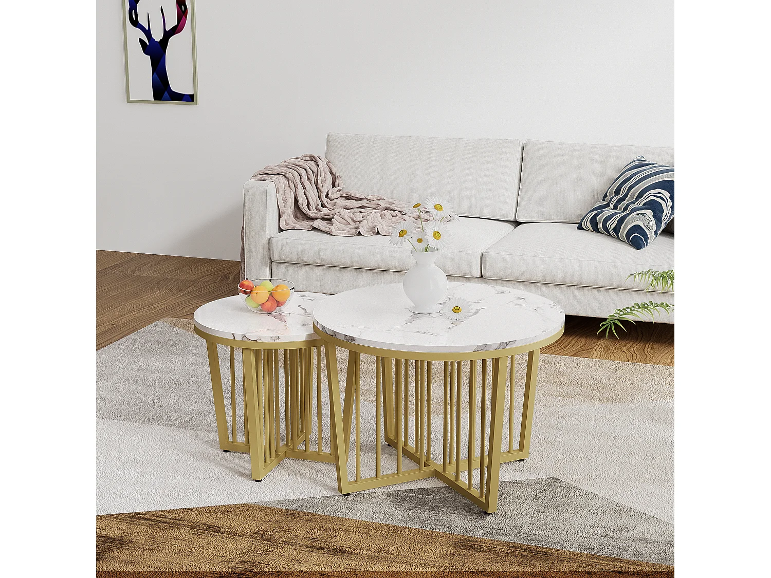 Lot de 2 tables basses gigognes avec fonction pivotante - Pièds en métal doré - Motif de Marbre - bois MDF - Blanc