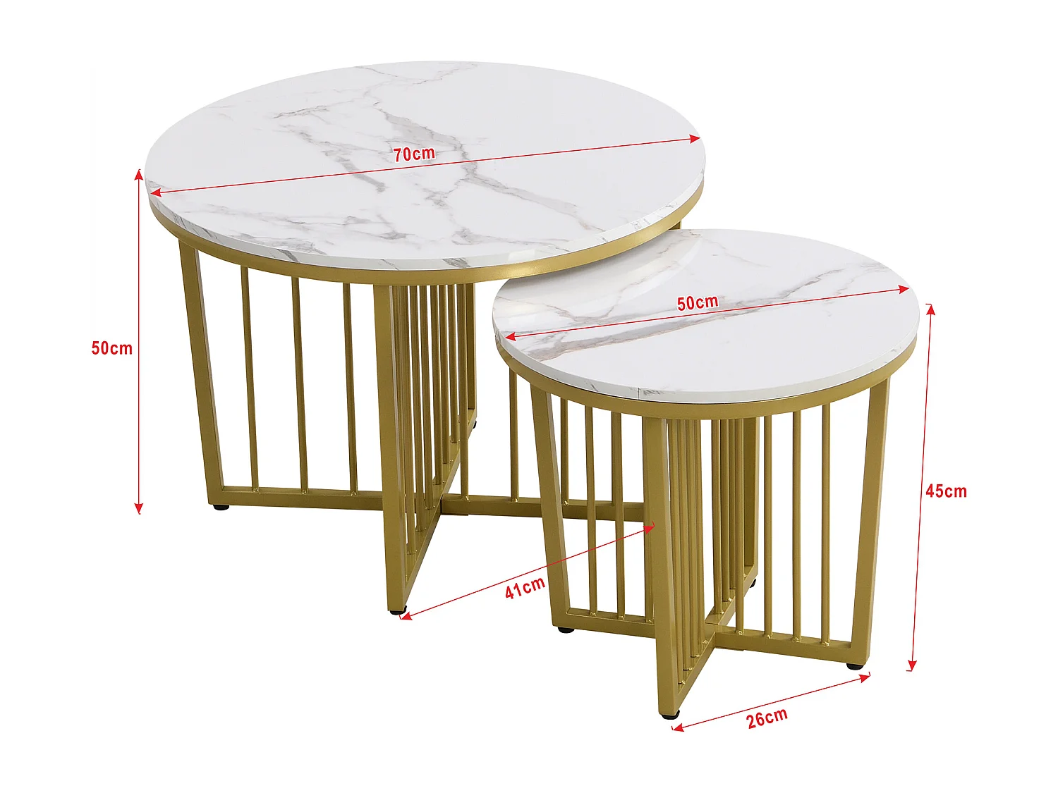 Lot de 2 tables basses gigognes avec fonction pivotante - Pièds en métal doré - Motif de Marbre - bois MDF - Blanc