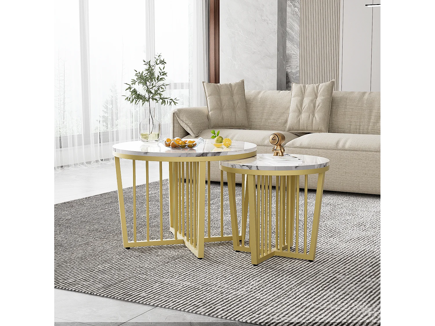 Lot de 2 tables basses gigognes avec fonction pivotante - Pièds en métal doré - Motif de Marbre - bois MDF - Blanc