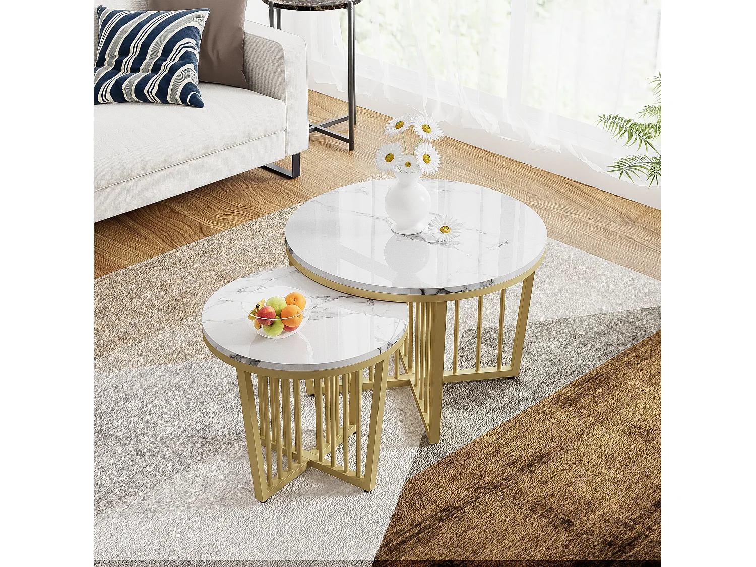 Lot de 2 tables basses gigognes avec fonction pivotante - Pièds en métal doré - Motif de Marbre - bois MDF - Blanc