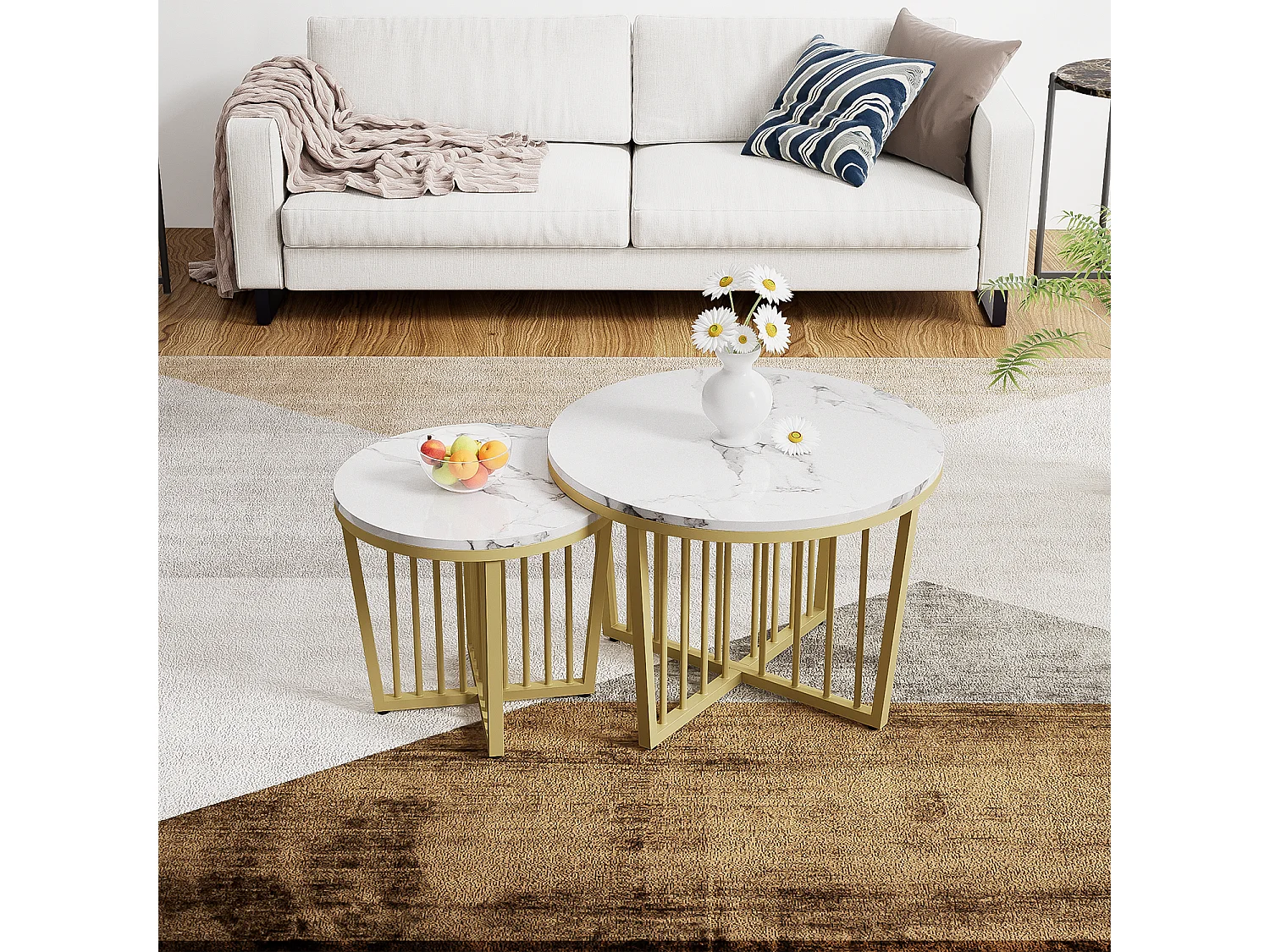 Lot de 2 tables basses gigognes avec fonction pivotante - Pièds en métal doré - Motif de Marbre - bois MDF - Blanc