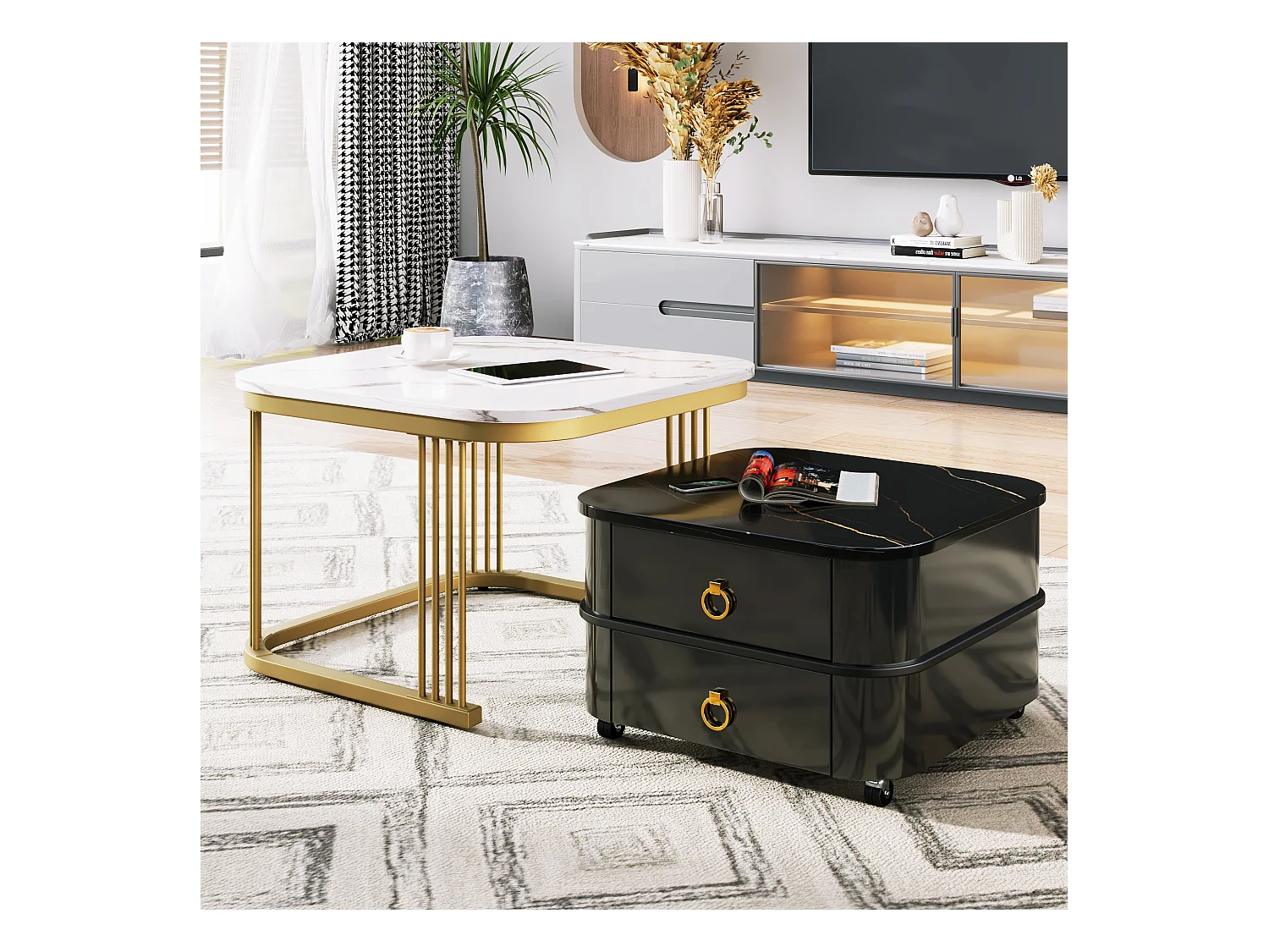 Lot de 2 tables basses gigognes avec 2 tiroirs, table basse carrée - plateaux en motif marbre - bois et métal - noir brillant