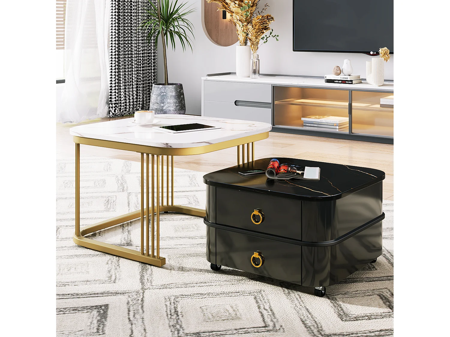 Lot de 2 tables basses gigognes avec 2 tiroirs, table basse carrée - plateaux en motif marbre - bois et métal - noir brillant