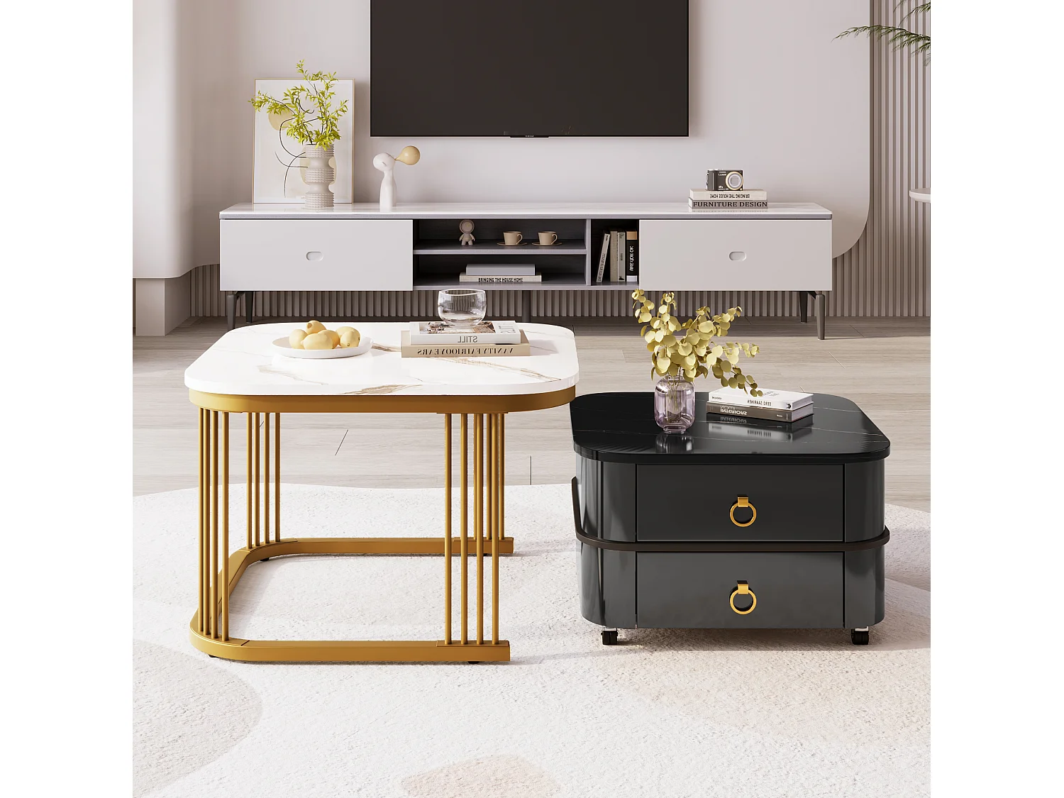 Lot de 2 tables basses gigognes avec 2 tiroirs, table basse carrée - plateaux en motif marbre - bois et métal - noir brillant