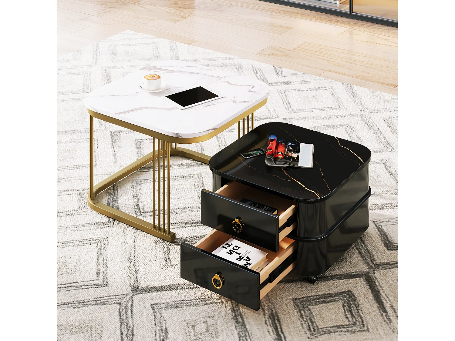 Lot de 2 tables basses gigognes avec 2 tiroirs, table basse carrée - plateaux en motif marbre - bois et métal - noir brillant