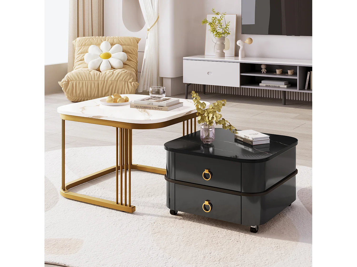 Lot de 2 tables basses gigognes avec 2 tiroirs, table basse carrée - plateaux en motif marbre - bois et métal - noir brillant