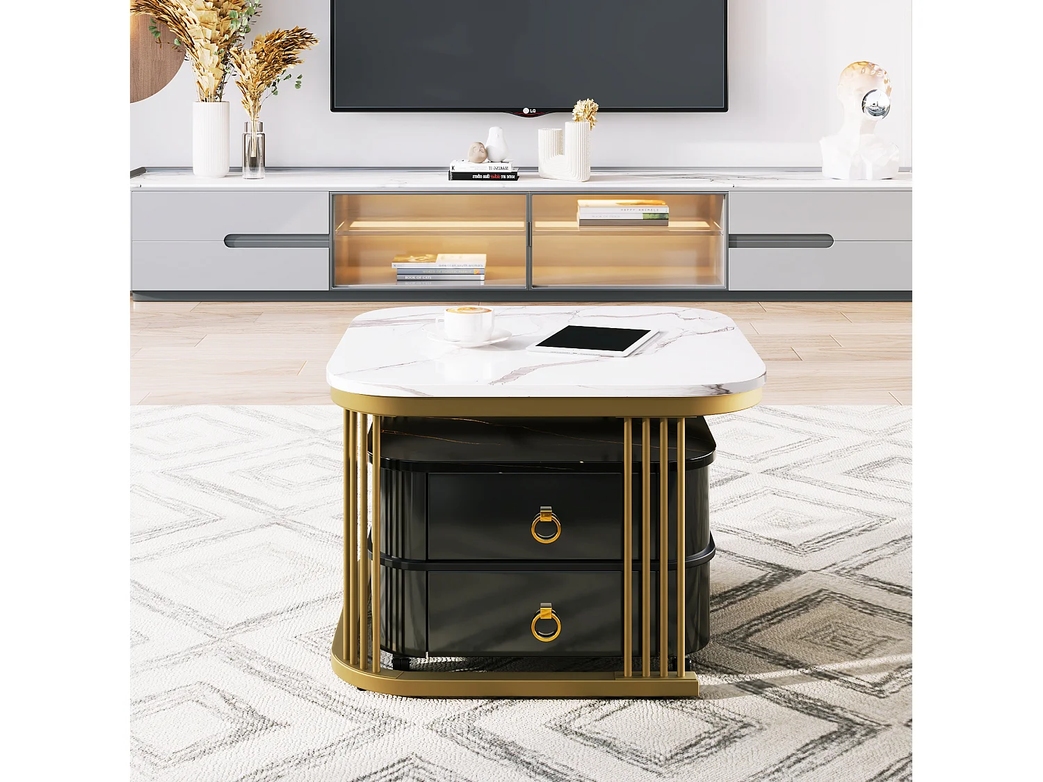 Lot de 2 tables basses gigognes avec 2 tiroirs, table basse carrée - plateaux en motif marbre - bois et métal - noir brillant