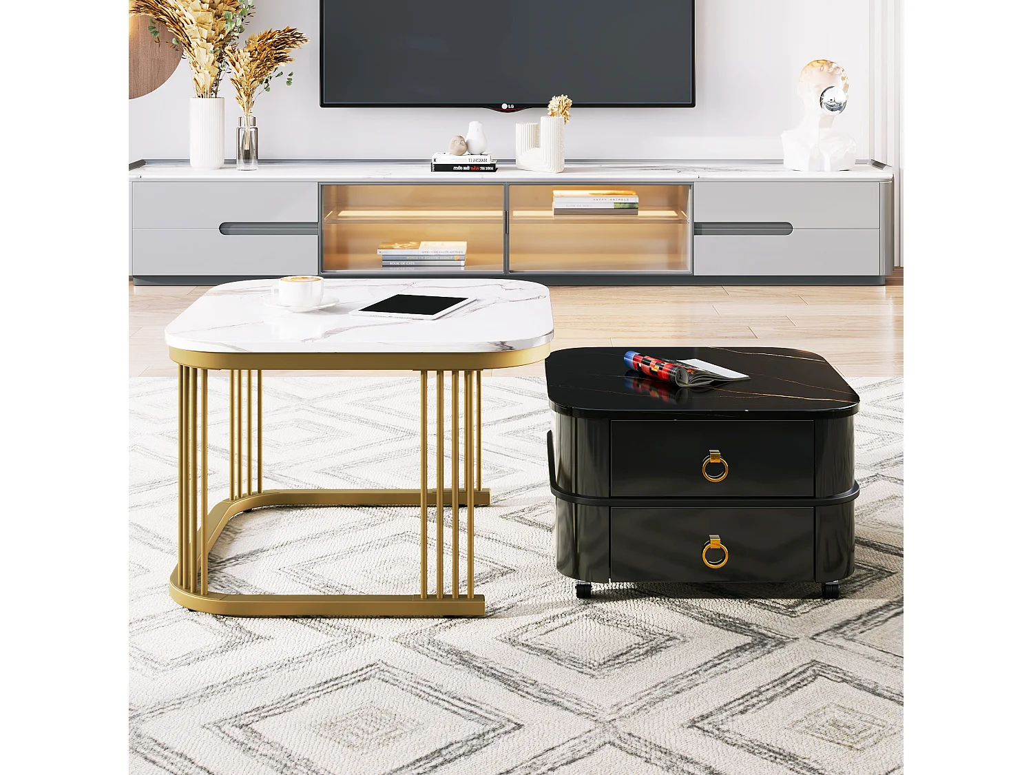 Lot de 2 tables basses gigognes avec 2 tiroirs, table basse carrée - plateaux en motif marbre - bois et métal - noir brillant