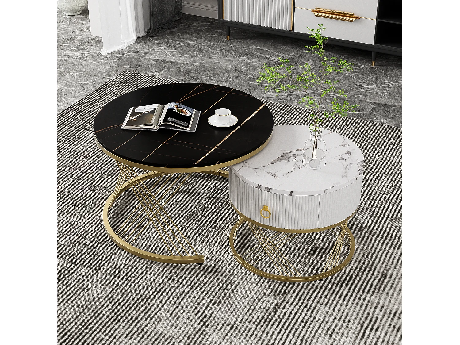 Lot de 2 tables basses gigognes avec un tiroirs, tables rondes - Pièds en métal doré - Plateaux en motif marbre - Noir + blanc
