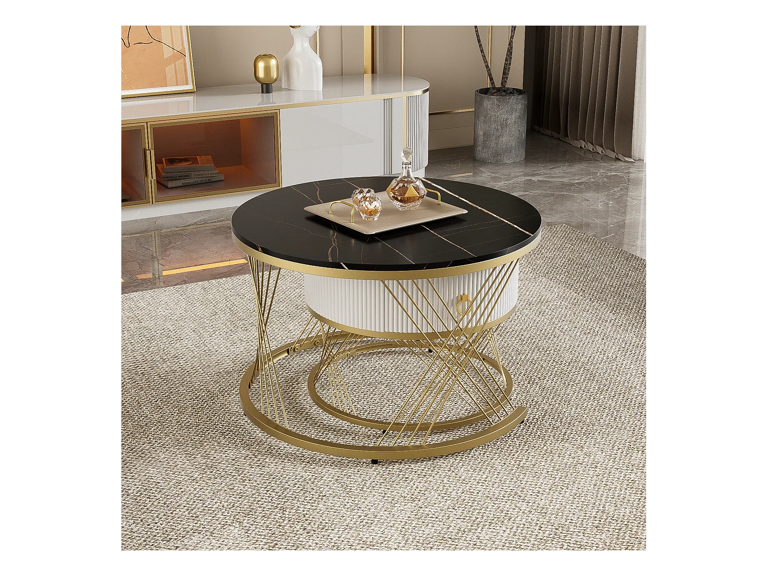 Set van 2 in elkaar geschoven salontafels met één lade, ronde tafels - Goudkleurige metalen poten - Bladen met marmerpatroon - Zwart + wit