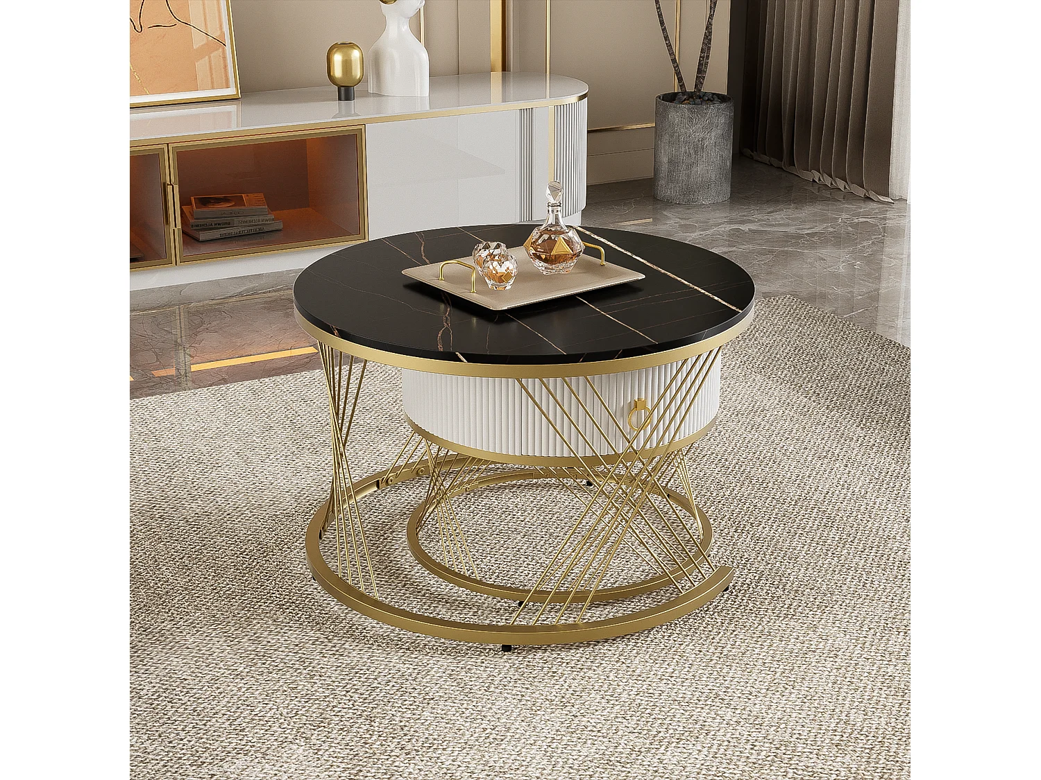 Set aus 2 ineinander steckbaren Couchtischen mit einer Schublade, runden Tischen – Goldfarbene Metallbeine – Tischplatten mit Marmormuster – Schwarz + Weiß