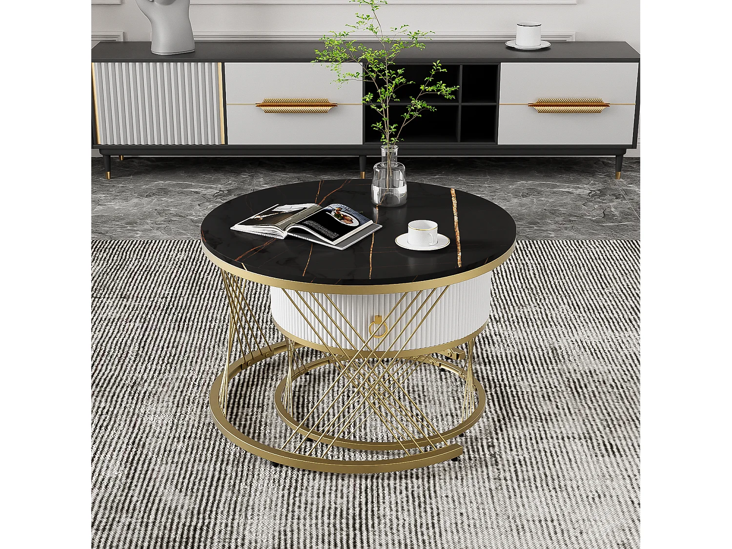 Set aus 2 ineinander steckbaren Couchtischen mit einer Schublade, runden Tischen – Goldfarbene Metallbeine – Tischplatten mit Marmormuster – Schwarz + Weiß