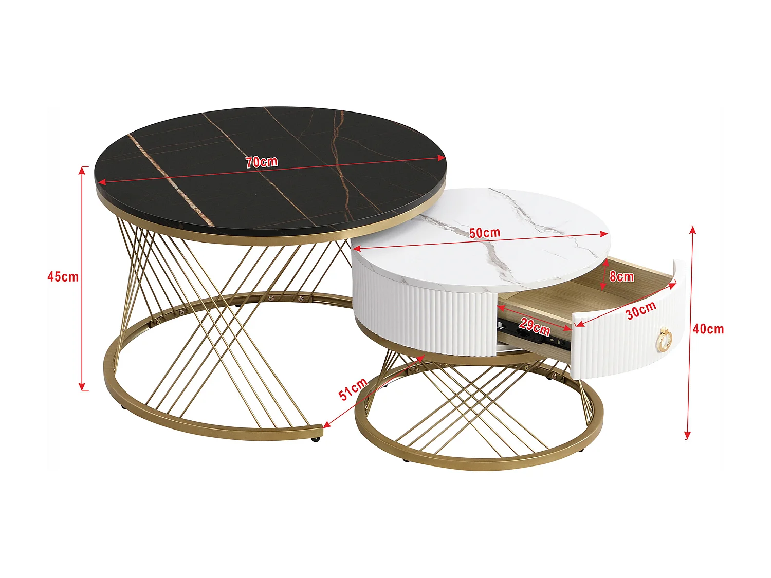 Set aus 2 ineinander steckbaren Couchtischen mit einer Schublade, runden Tischen – Goldfarbene Metallbeine – Tischplatten mit Marmormuster – Schwarz + Weiß
