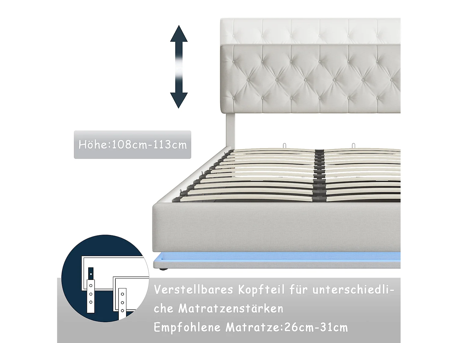 Cama 140x200cm - Espaço de arrumação - Estrado de ripas - Iluminação LED e cabeceira regulável - Linho - Bege