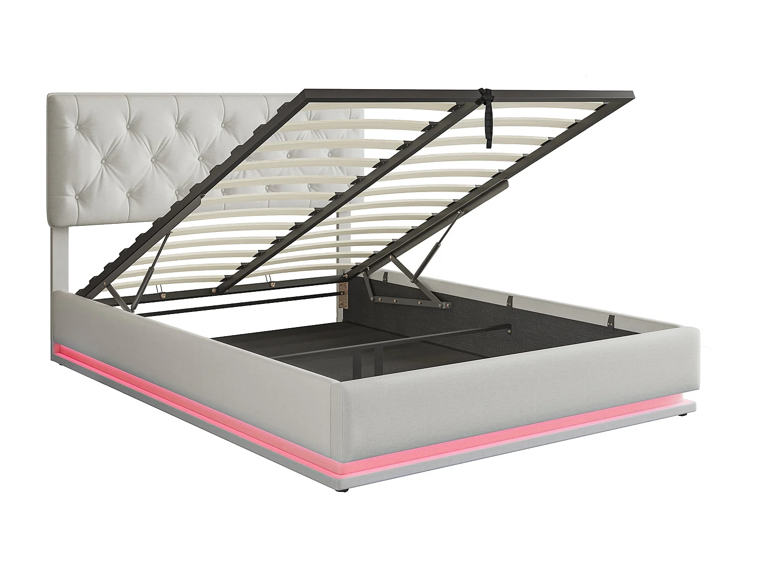 Cama 140x200cm - Espaço de arrumação - Estrado de ripas - Iluminação LED e cabeceira regulável - Linho - Bege