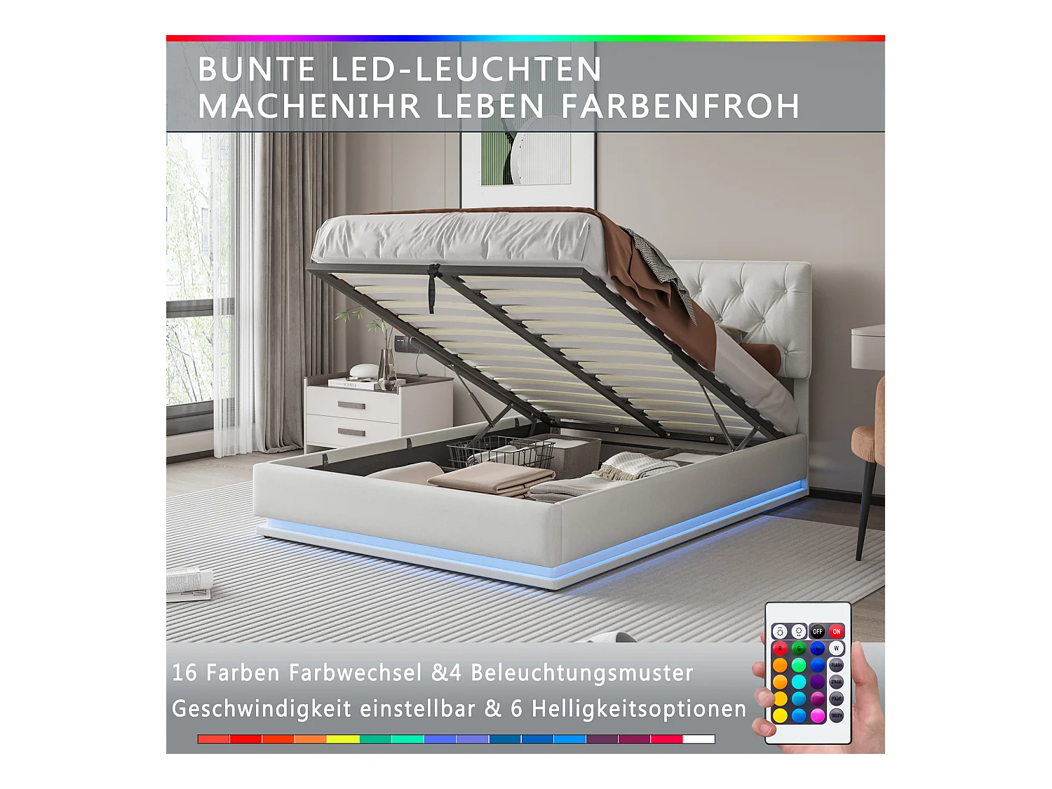 Lit 140x200cm - Espace de Rangement - Sommier à Lattes - Eéclairage LED et tête de lit relevable - Lin - Beige