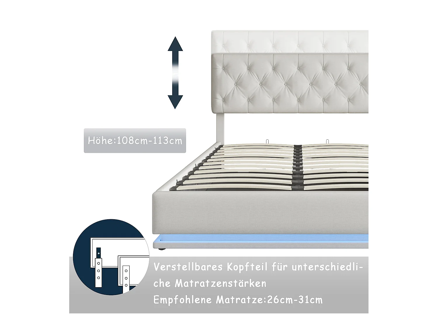 Lit 140x200cm - Espace de Rangement - Sommier à Lattes - Eéclairage LED et tête de lit relevable - Lin - Beige