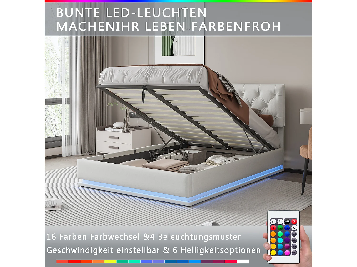 Letto 140x200cm - Spazio contenitore - Rete a doghe - Illuminazione LED e testiera regolabile - Lino - Beige