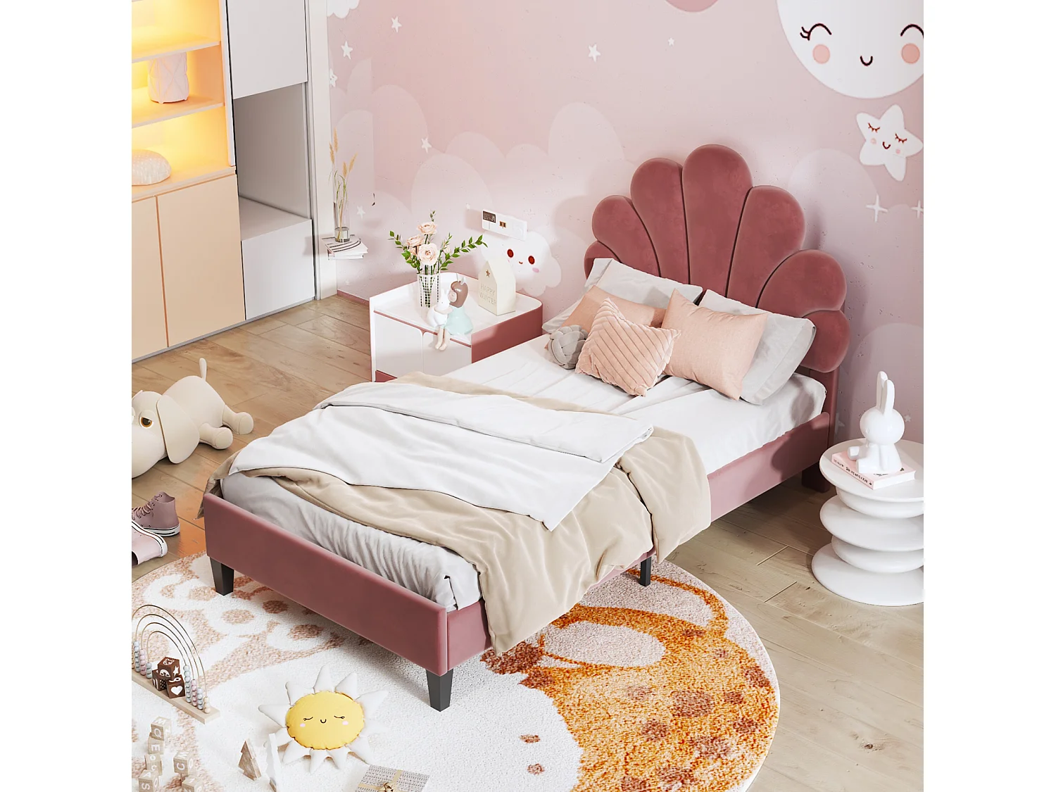 Lit simple capitonnés 90 x 200 cm - tête de lit en forme de fleur - sommier à lattes - velours - Rouge