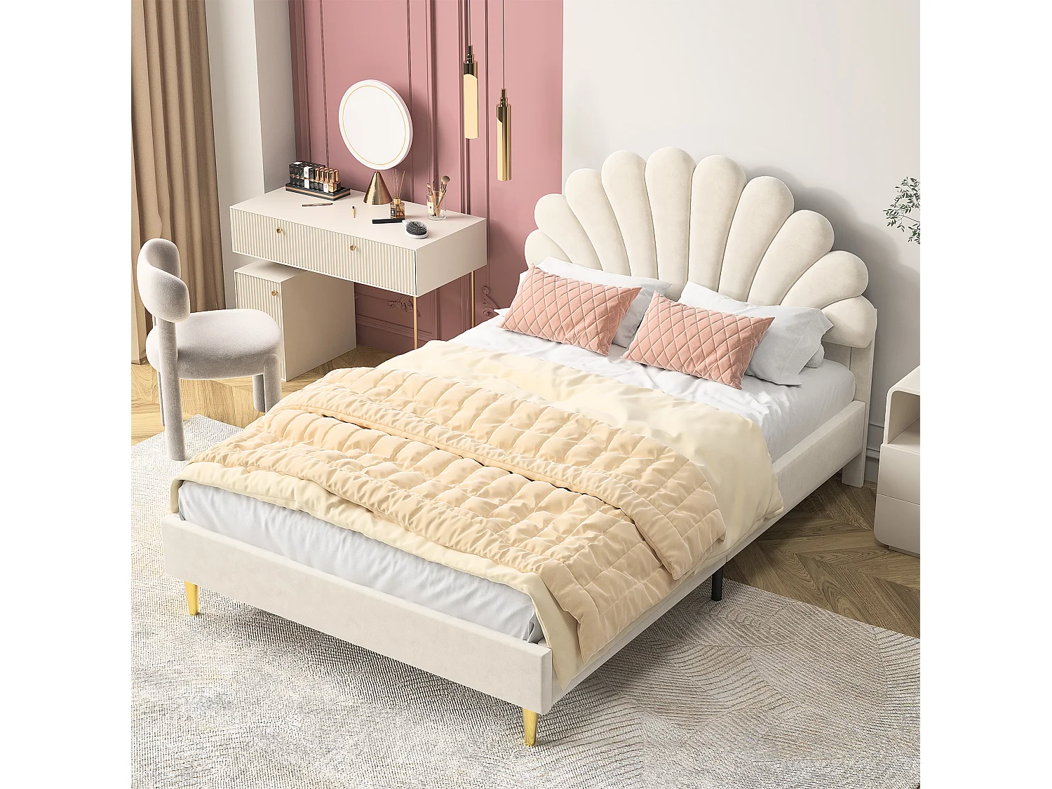 Lit double rembourré en velours - 140x200cm - tête de lit en forme de fleur - avec sommier à lattes - Beige