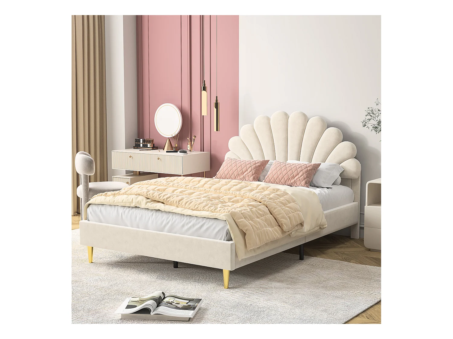 Fluwelen gestoffeerd tweepersoonsbed - 140x200cm - Bloemenhoofdbord - met lattenbodem - Beige