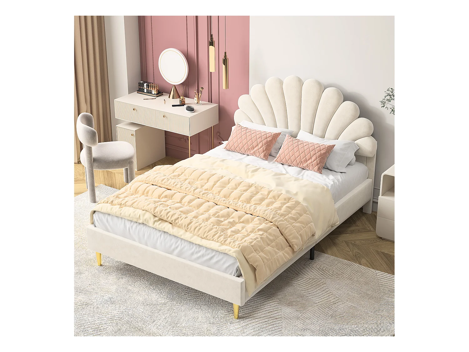 Lit double rembourré en velours - 140x200cm - tête de lit en forme de fleur - avec sommier à lattes - Beige