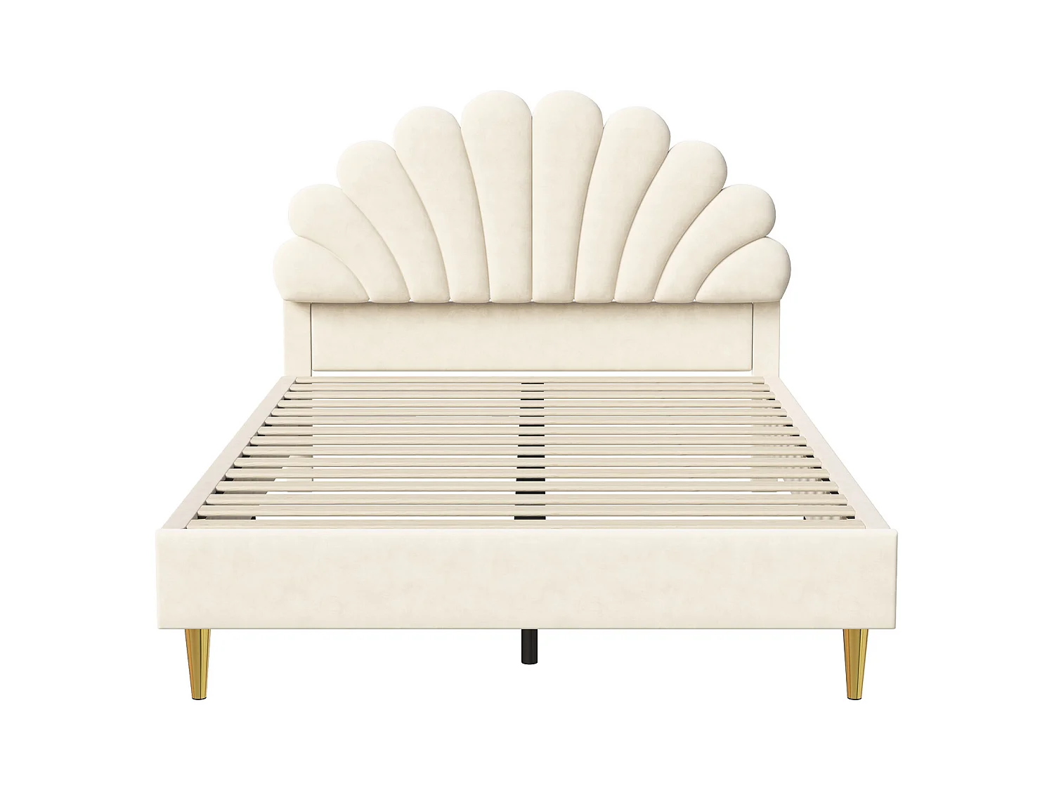 Lit double rembourré en velours - 140x200cm - tête de lit en forme de fleur - avec sommier à lattes - Beige
