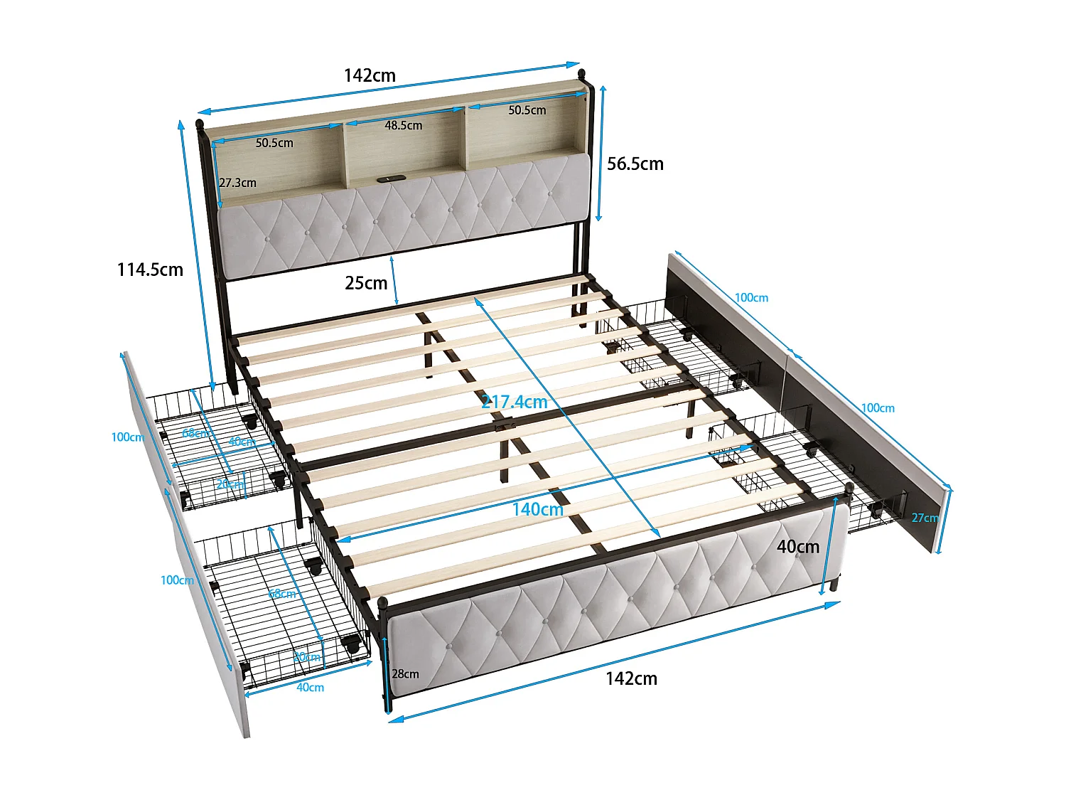 Gestoffeerd volwassen bed met LED en 2 USB-oplaadpoorten - 4 lades + lattenbodem - fluwelen stof - 140x200cm - Beige