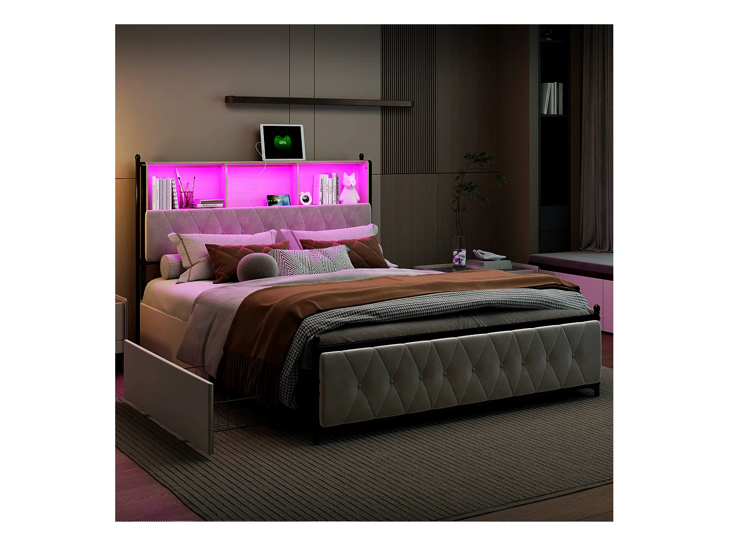Lit adulte rembourré avec LED et 2 ports de charge USB - 4 tiroirs + sommier à lattes - tissu en velours - 140x200cm - Beige