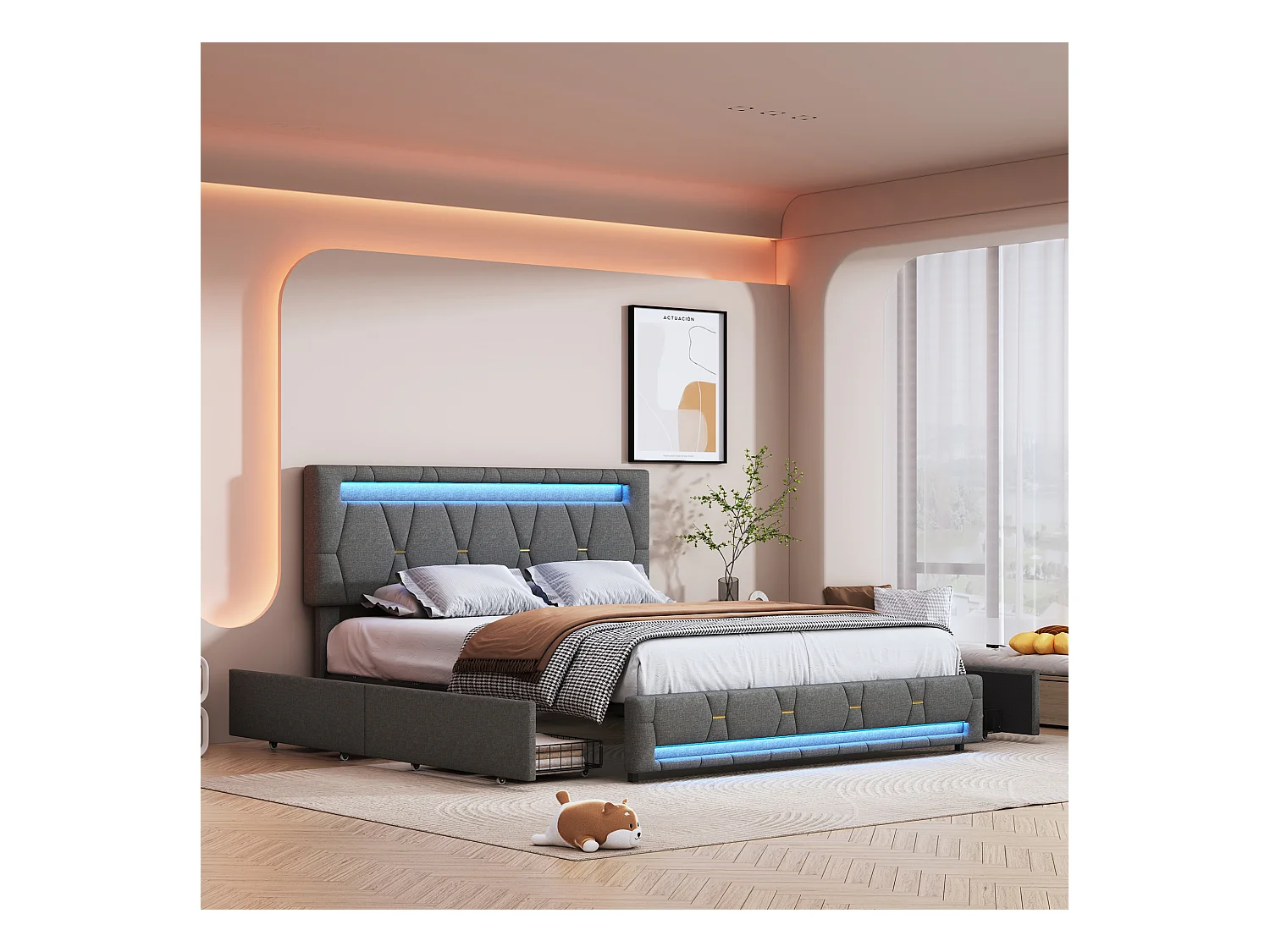 Lit 160x200cm avec 4 tiroirs + LED + sommier à lattes - lin - Gris
