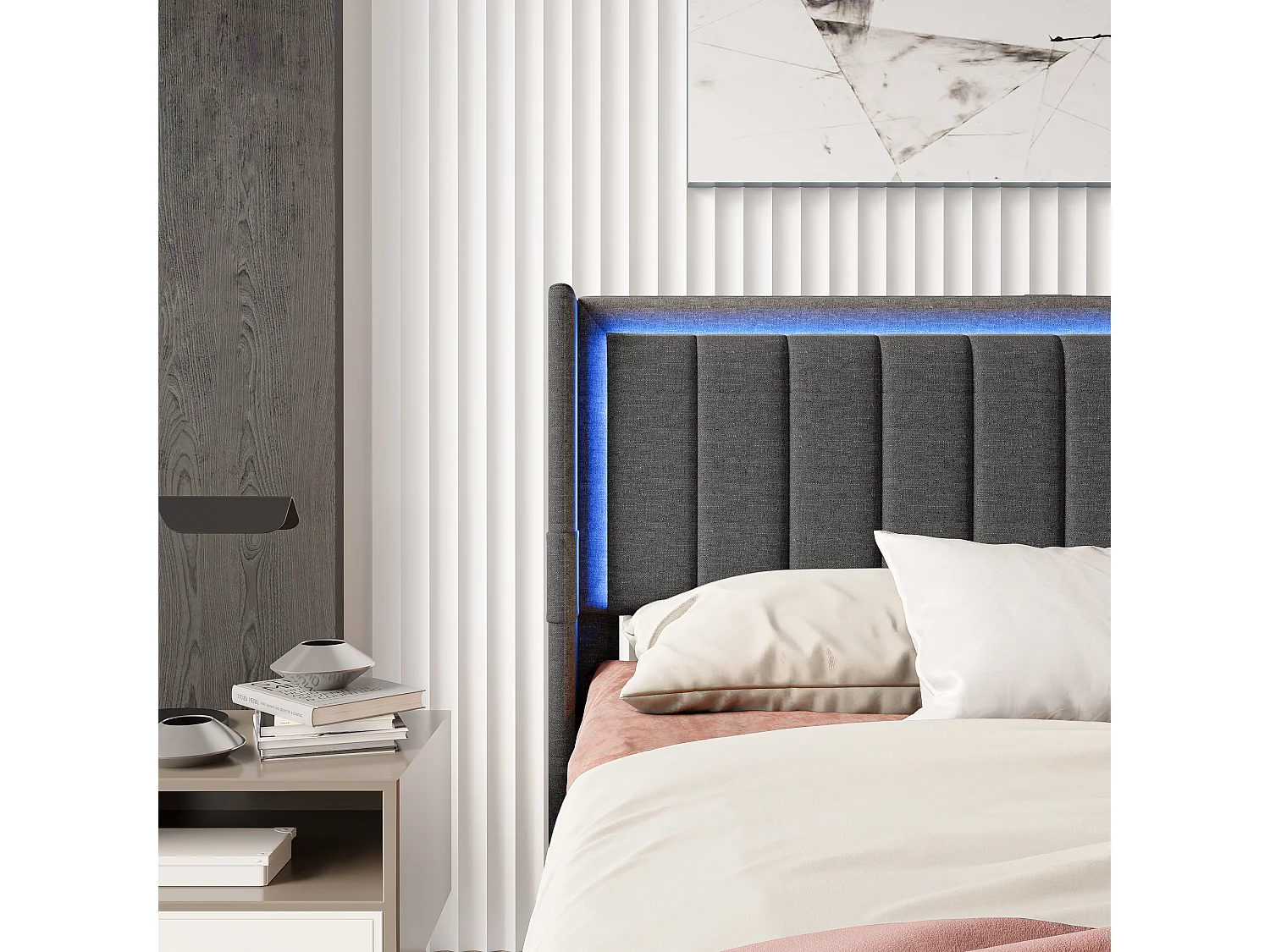 Cama adulto 160x200 cm - LED e 1 gaveta grande - estrado de ripas - USB e porta Tipo C - Linho - Cinza