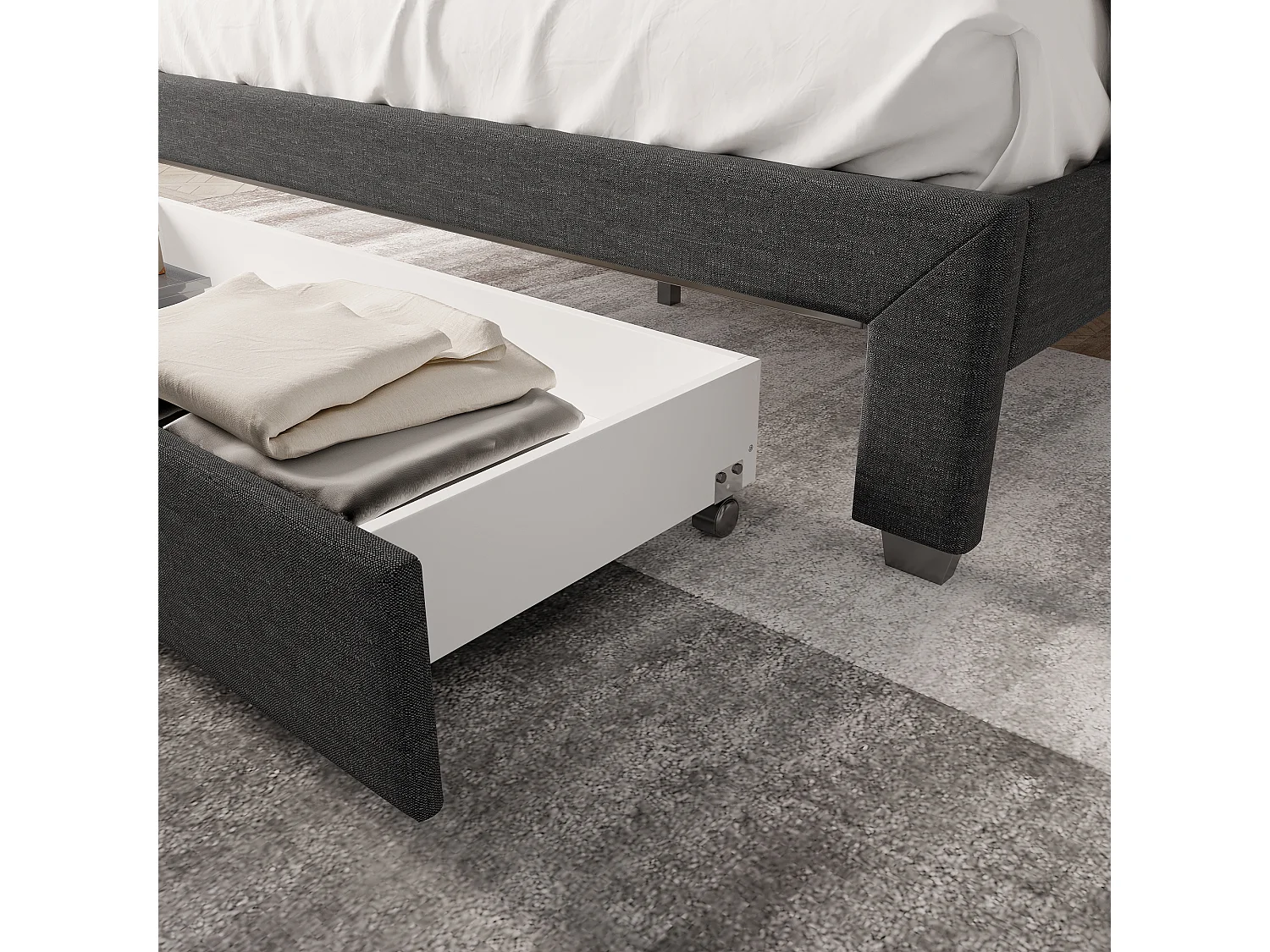 Cama adulto 160x200 cm - LED e 1 gaveta grande - estrado de ripas - USB e porta Tipo C - Linho - Cinza