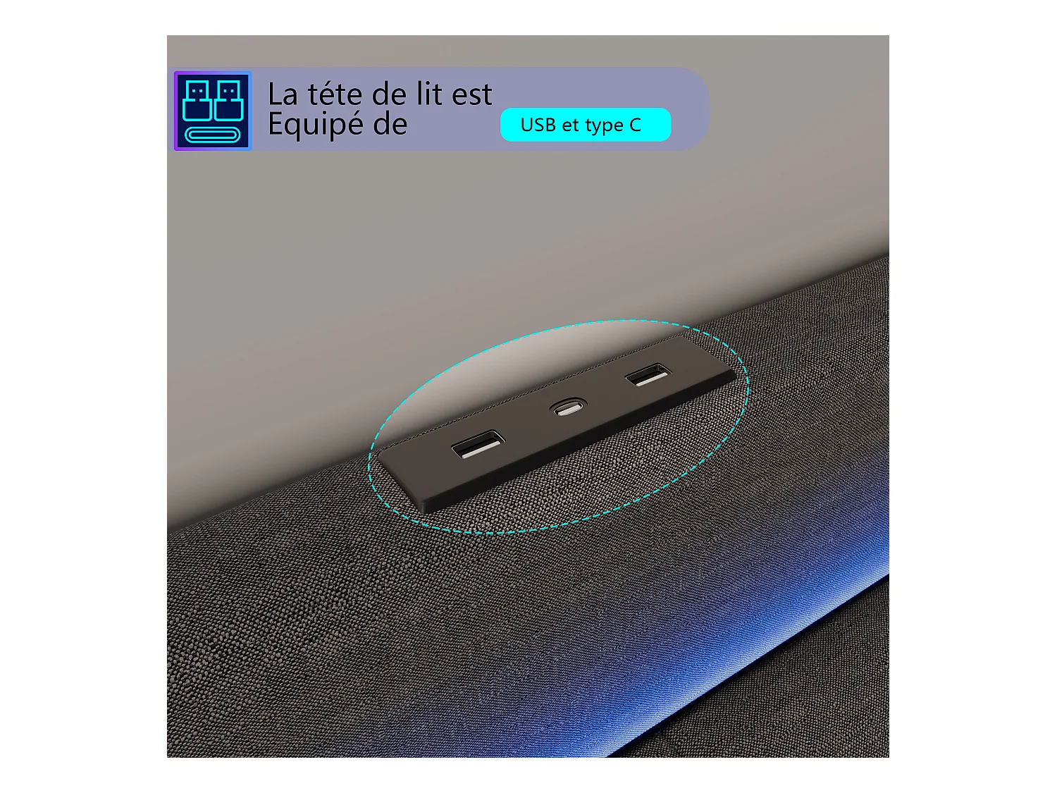Lit adulte 160x200 cm - LED et 1 grand tiroir - sommier à lattes - port USB et Type C - Lin - Gris