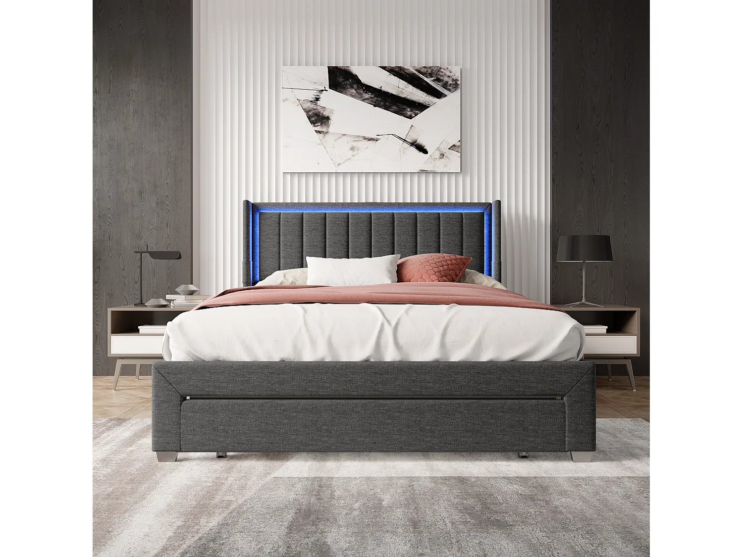 Lit adulte 140x200 cm - LED et 1 grand tiroir - sommier à lattes - port USB et Type C - Lin - Gris