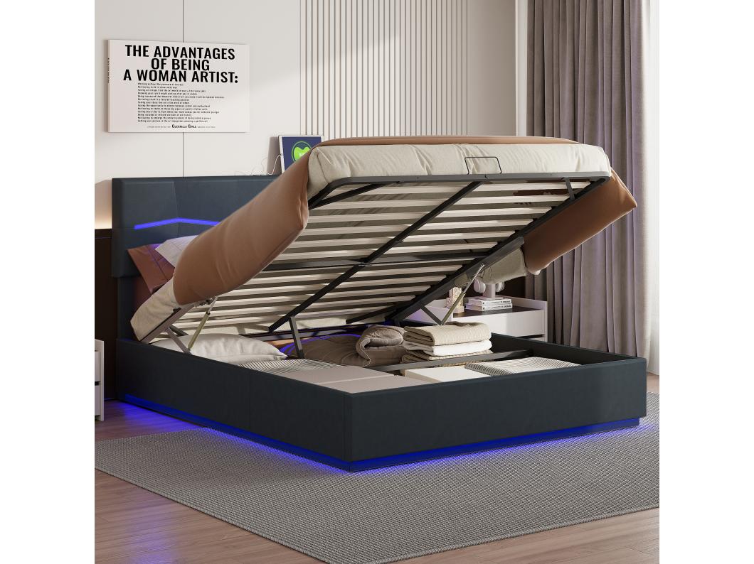 Cama de arrumação 140 x 200 cm com iluminação LED e carregamento USB - hidráulica - Cama de casal - PU - Preto