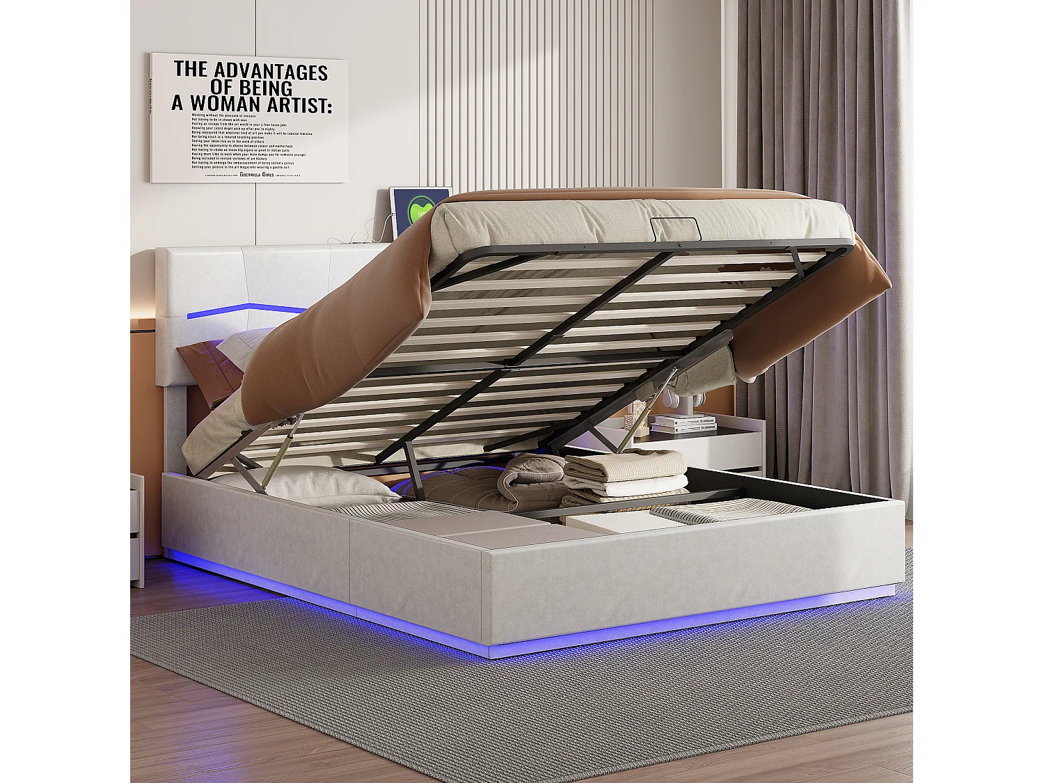 Lit coffre 160 x 200 cm avec éclairage LED et charge USB -  hydraulique - Lit 2 Personnes - PU - Beige