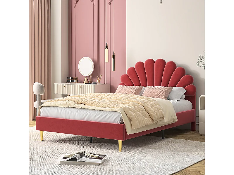 Fluwelen gestoffeerd tweepersoonsbed - 140x200cm - Bloemenhoofdeinde - met lattenbodem - Rood