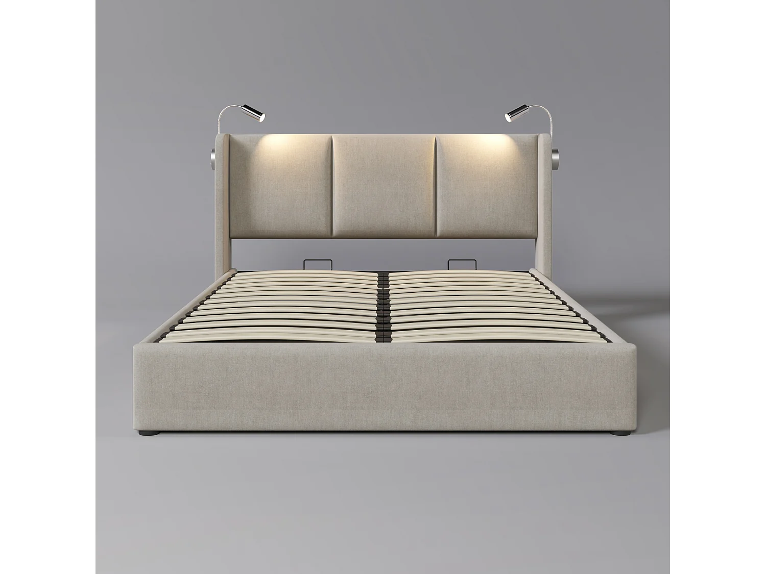 Cama hidráulica com candeeiro de leitura - 160x200 cm - Carregamento USB e grande arrumação - Linho - Bege