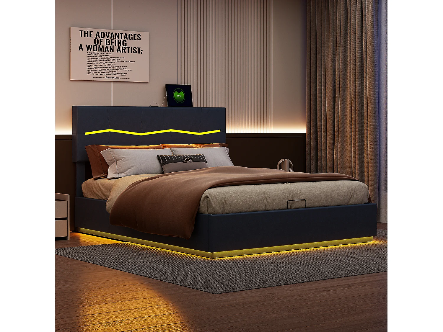 Lit coffre 160 x 200 cm avec éclairage LED et charge USB -  hydraulique - Lit 2 Personnes - PU - Noir