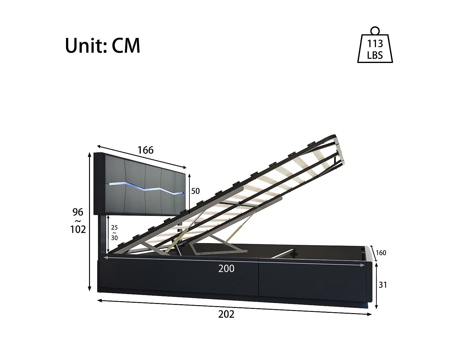 Lit coffre 160 x 200 cm avec éclairage LED et charge USB -  hydraulique - Lit 2 Personnes - PU - Noir