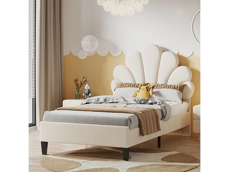 Eenpersoonsbed gestoffeerd 90 x 200 cm - hoofdbord in bloemvorm - lattenbodem - fluweel - Beige
