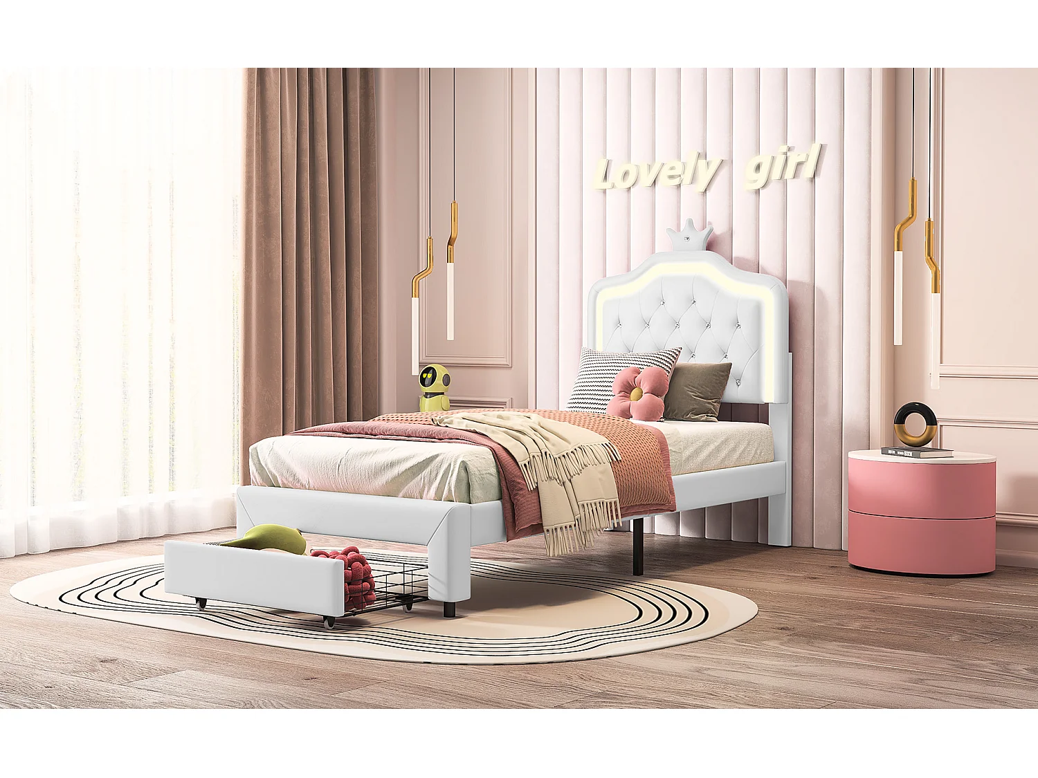 Cama estofada 90 x 200 cm com 1 gaveta e luzes LED - padrão coroa - base de ripas - branco