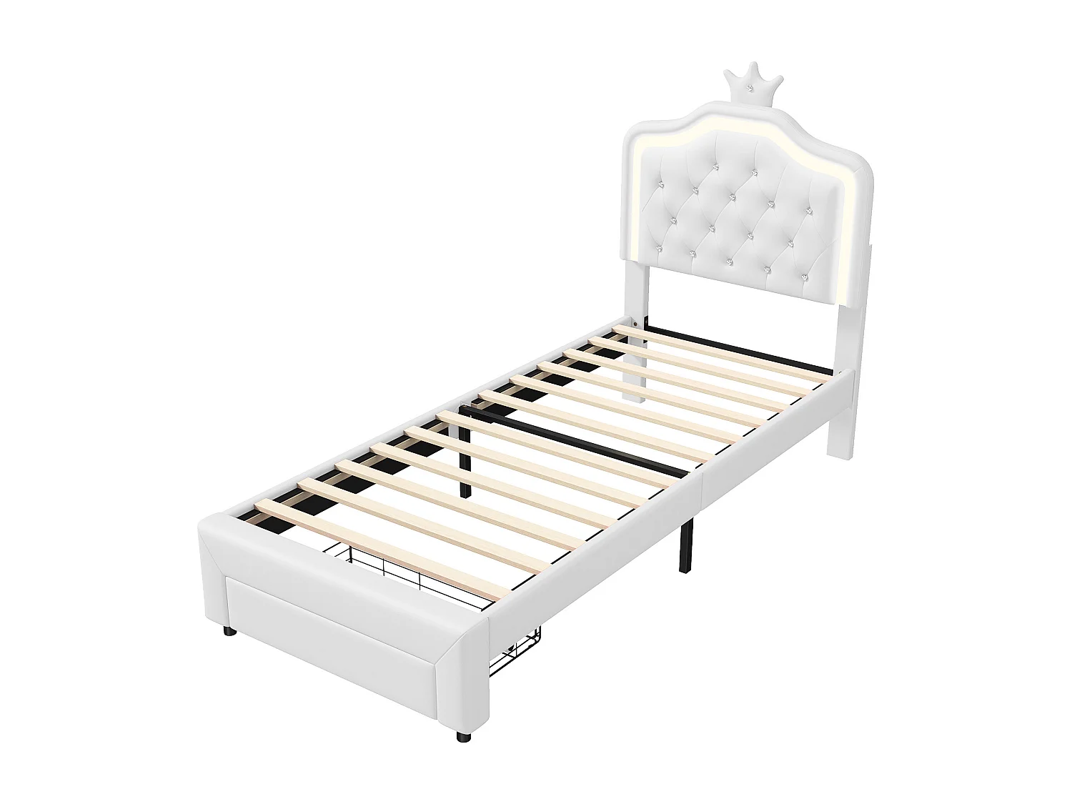 Lit capitonné 90 x 200 cm avec 1 tiroirs et lumières LED - motif en couronne - sommier à lattes - blanc