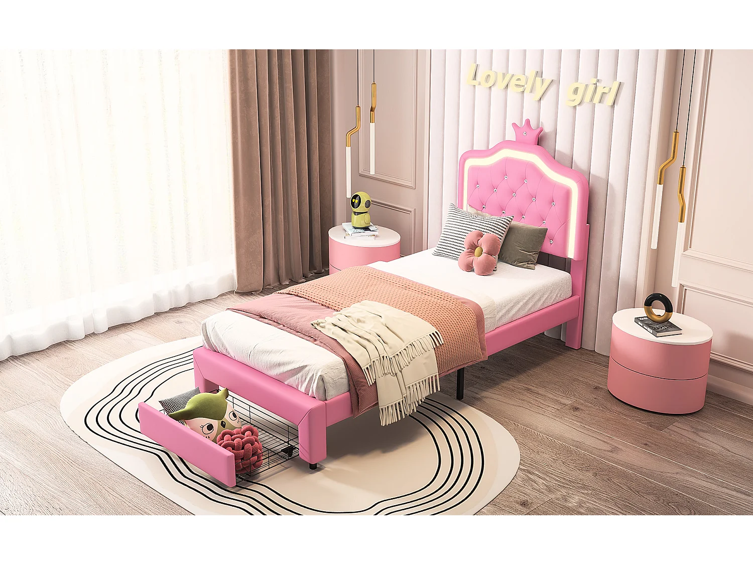 Cama estofada 90 x 200 cm com 1 gaveta e luzes LED - padrão coroa - base de ripas - Rosa