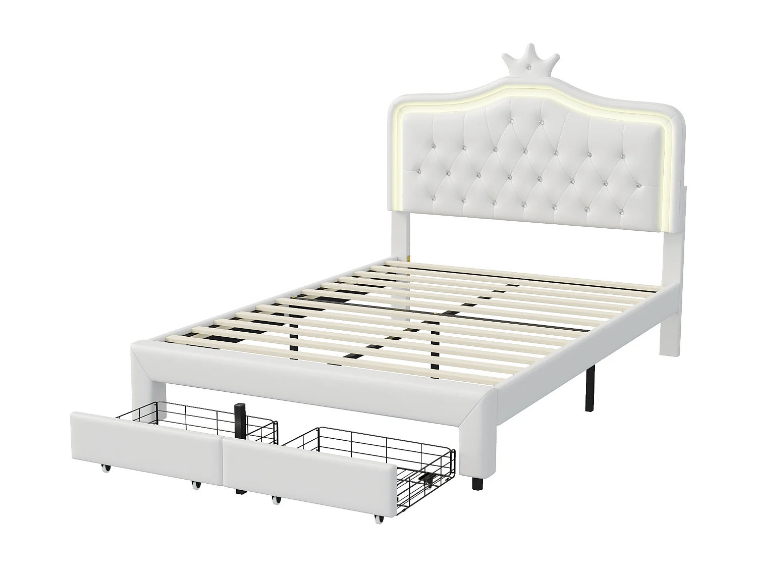 Gestoffeerd bed 140 x 200 cm met 2 lades en LED-verlichting - kroonpatroon - lattenbodem - wit