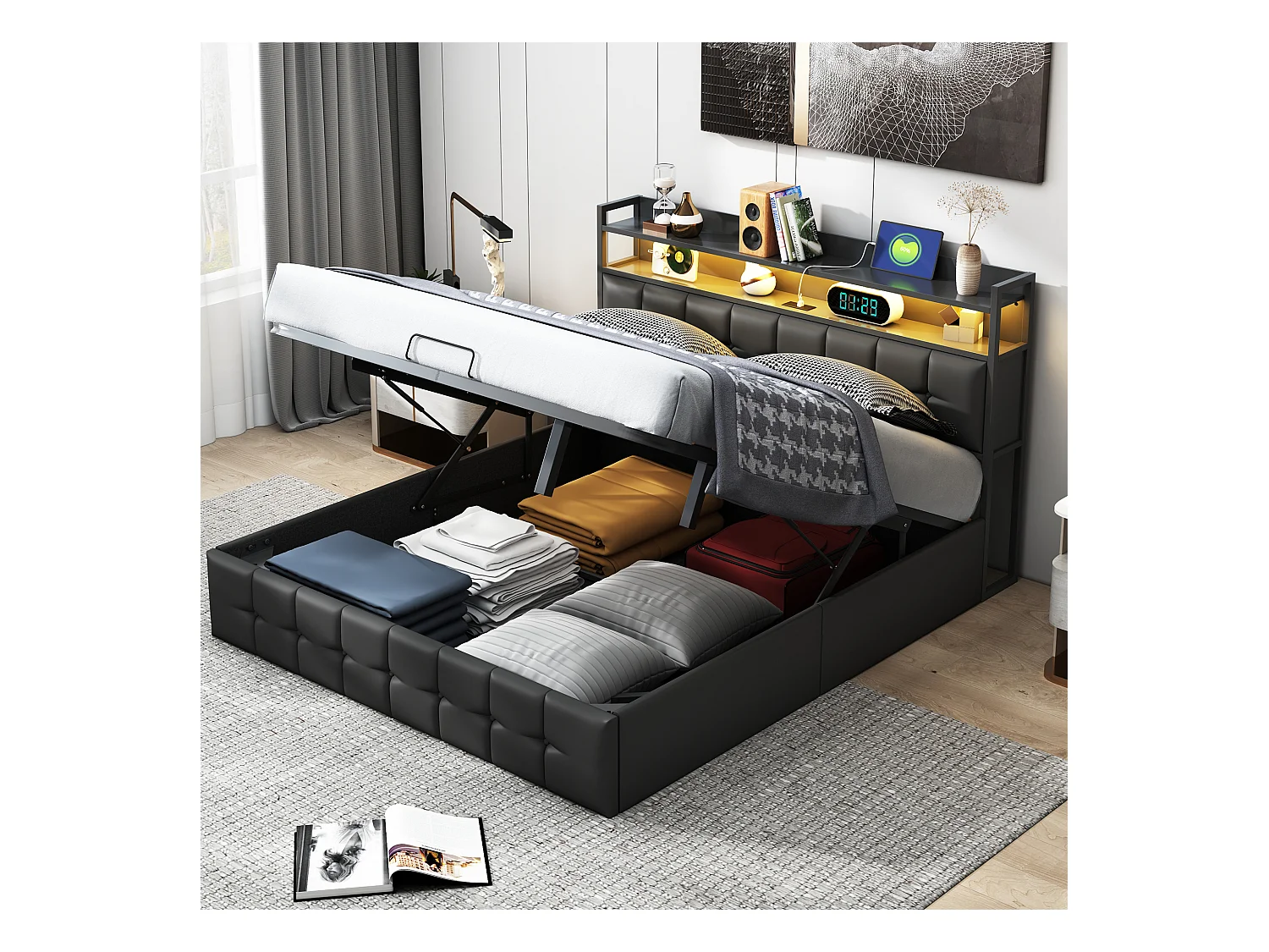 Lit coffre rembourré 160x200cm en tissu de pu - avec LED et port de charge - avec sommier à lattes - Noir