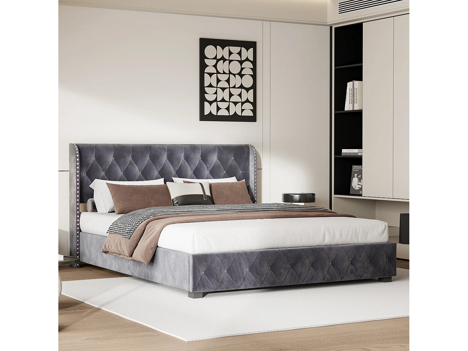 Lit coffre rembourré en velours - décoré de rivets - avec sommier à lattes - 160x200cm - Gris