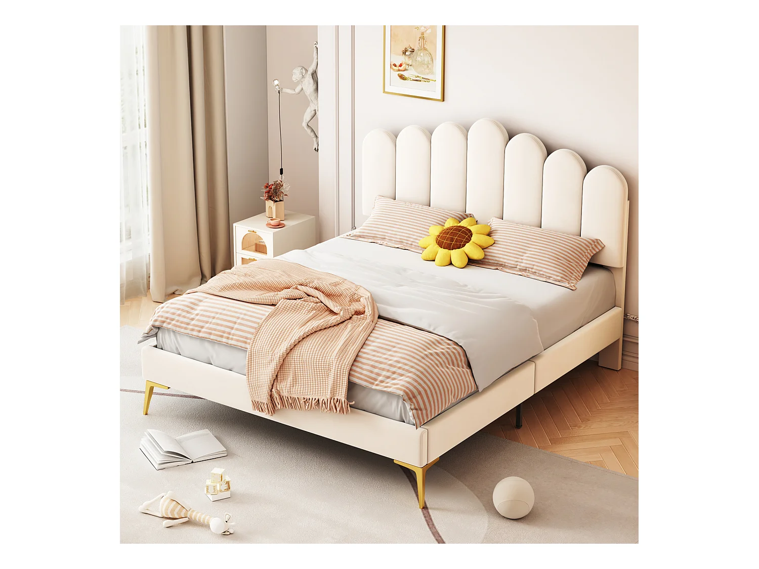 Lit double rembourré en velours - 140x200cm - tête de lit en forme de fleur - avec sommier à lattes - Beige