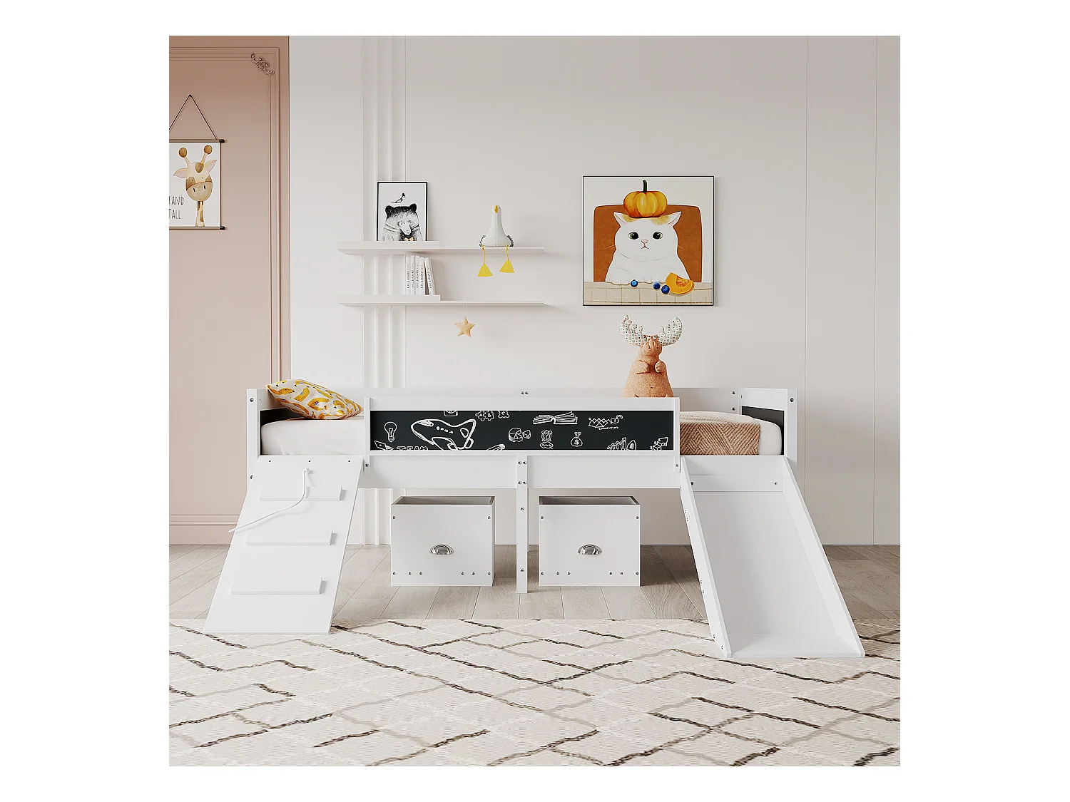 Lit mezzanine en bois de pin - 90x200cm - avec de rangement + échelle + toboggan - avec sommier à lattes - Blanc