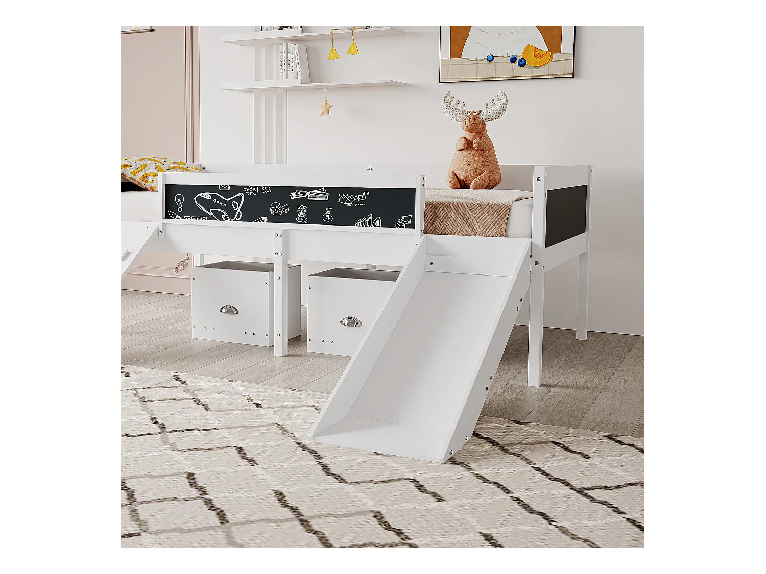 Lit mezzanine en bois de pin - 90x200cm - avec de rangement + échelle + toboggan - avec sommier à lattes - Blanc